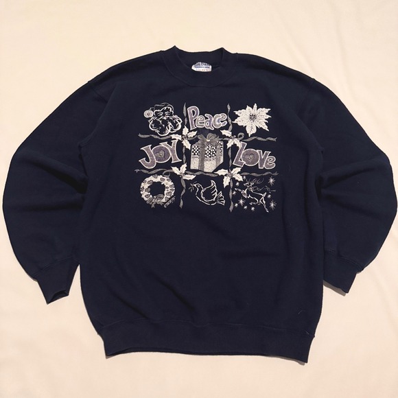 Gildan Tops - Gildan Sweatshirt Women M Navy Blue Vintage 90s Holiday Peace Joy Love Graphic